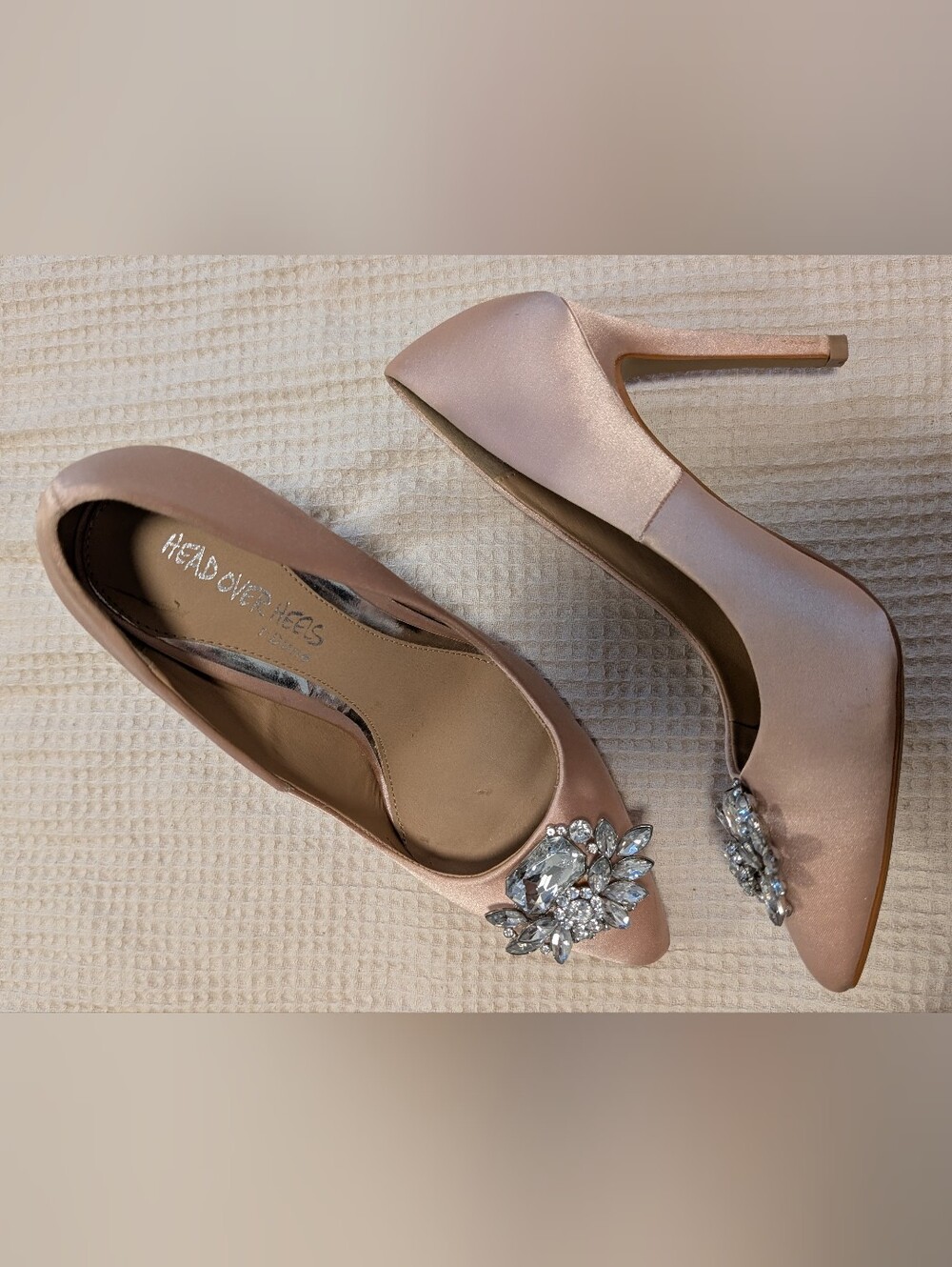 Crystal Embellished Satin Heels - Blush Pink